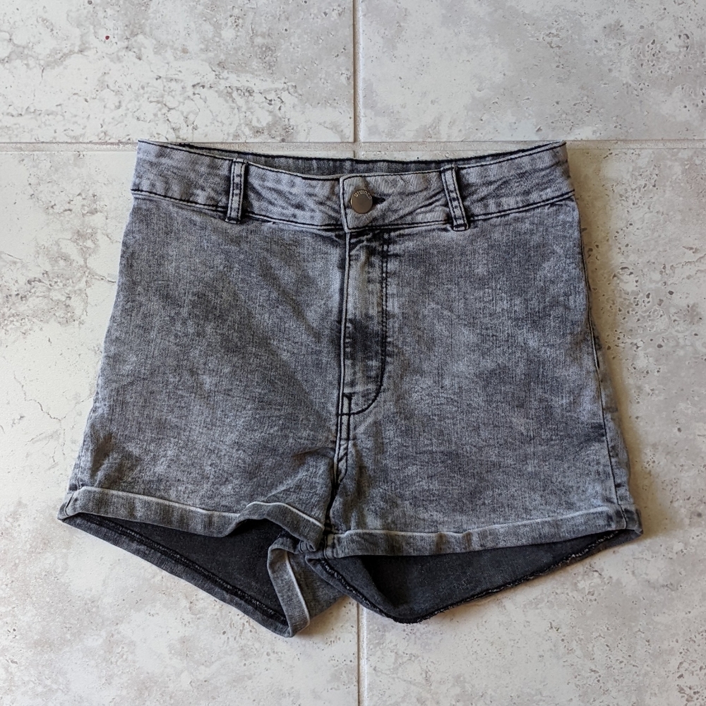 H & M Divided Grey Washed Stretch Denim High Waisted Shorts